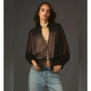 Anthropologie Leyared Tule Puff Sleeve Lace Blouse Size PL